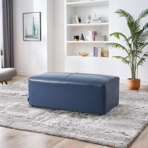 Miniatura 9 de Otomana rectangular de piel auténtica, mesa de centro otomana con botones y patas, taburete tapizado para sala de estar, dormitorio, entrada, Azul