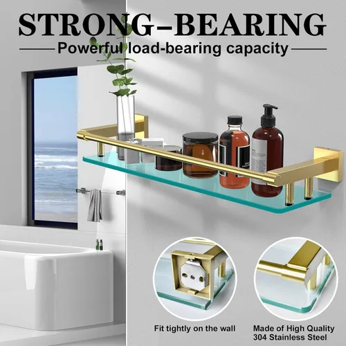 Miniatura 4 de Estante de vidrio para baño, vidrio templado de 20 pulgadas con barandilla de acero inoxidable dorado cepillado, estantes de vidrio flotantes