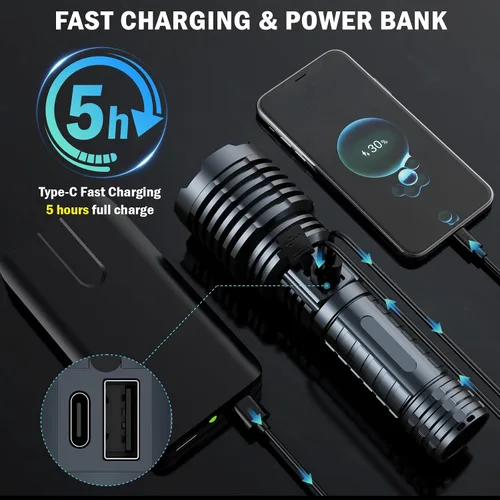 Miniatura 6 de baibian Linternas de alto lúmenes, 100,000 lúmenes, linterna súper brillante, recargable de mano, impermeable, tácticas, linternas LED, 5 modos