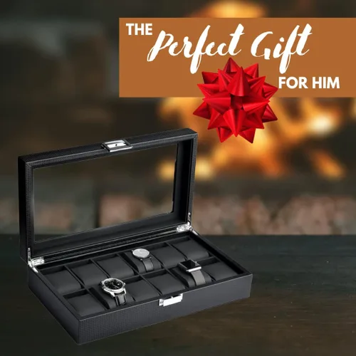 Miniatura 2 de Mantello Caja de reloj 12 ranuras para hombres Caja de reloj con tapa de cristal grande Organizador de caja de reloj para hombre (negro)