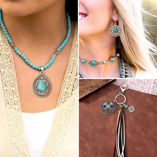 Miniatura 4 de Pandahall - 20 dijes de piedra turquesa estilo tibetano de aleación de lágrima, flor redonda, 6 estilos, dijes bohemios para hacer joyas, collares