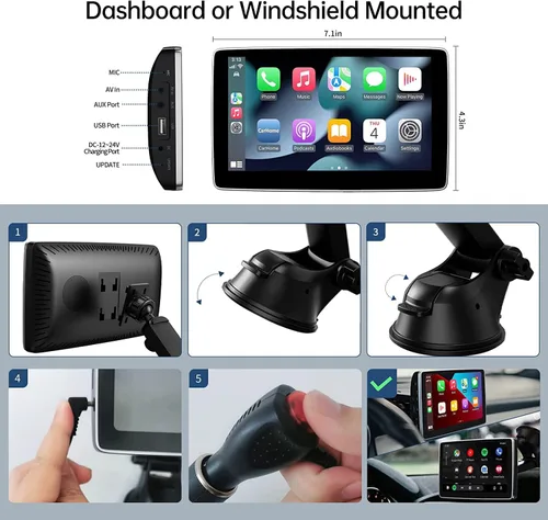 Miniatura 6 de Pantalla portátil de 7 pulgadas para Apple Carplay y Android Auto para coche, Apple CarPlay Dash Mount Pantalla de coche