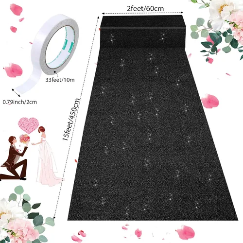 Miniatura 3 de Shihanee Alfombra de pasillo de lentejuelas para boda, alfombra con purpurina con cinta de alfombra, brillante, para baile de graduación, Negro