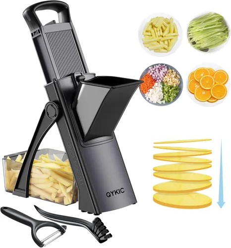 Cortador de alimentos con mandolina segura para cocina, picadora de verduras ajustable con pelador y ajustador de grosor, cortador de papas fritas,
