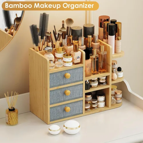 Miniatura 2 de Organizador de maquillaje grande de bambú para tocador, organizador de baño de bambú de 3 niveles de gran capacidad y almacenamiento, soporte