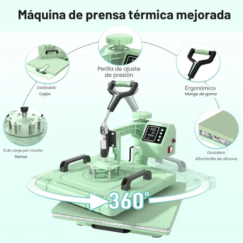 Miniatura 4 de Slendor Máquina de prensa de calor 8 en 1 de 15 x 15 pulgadas, máquina de prensado digital de camisetas de 360 grados, multifunción por Verde