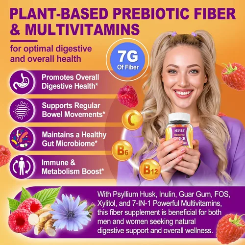 Miniatura 4 de 1 Paquete de Gomitas de Fibra para Adultos con Cáscara de Psyllium, 7G (Fibra Prebiótica Soluble + Insoluble) Diaria con Inulina, FOS, Goma de Guar