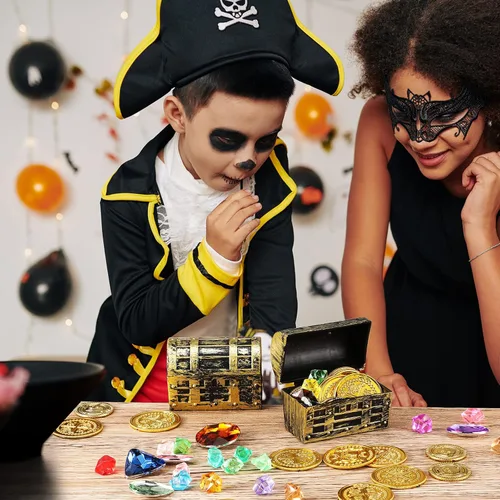 Miniatura 6 de Threan 50 mini cofres del tesoro pirata de 2.3 pulgadas de plástico con un acabado dorado, caja de joyería pirata vintage para Halloween