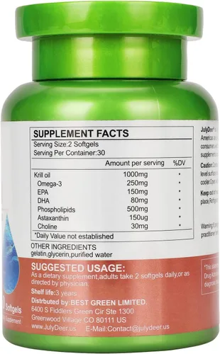 Miniatura 2 de JulyDeer 2 botellas de aceite de krill antártico de 1000 mg con omega-3 EPA, DHA, astaxantina y fosfolípidos, 60 cápsulas blandas, sin regusto a 2