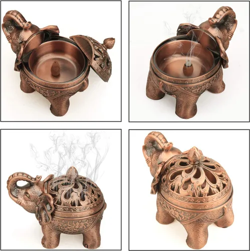 Miniatura 6 de K COOL Soporte de metal para incienso de reflujo de elefante, quemador de incienso, portavelas con tapa, adorno de aromaterapia, decoración de Verde