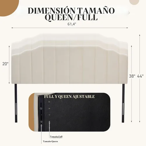 Miniatura 2 de Cabecera tapizada de altura ajustable, cabecera de terciopelo crema, diseño moderno de canal vertical con borde superior de silueta escalonada Beige