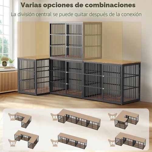 Miniatura 2 de Lyromix 94.48'' Mueble de jaula para perros de raza grande con soporte para TV de dos habitaciones, mesa auxiliar de jaula para perros de madera