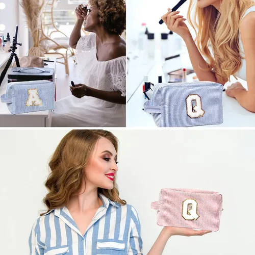 Miniatura 6 de Veki Bolsa de maquillaje Preppy para mujer, bolsas de cosméticos personalizadas con letra inicial con cremallera, bolsa pequeña de felpilla