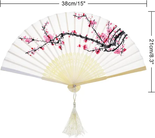Miniatura 6 de Hotop 2 abanicos de mano plegables de seda con marcos de bambú para mujeres, color rosa y azul, portátil, artesanías chinas para bailar, accesorios