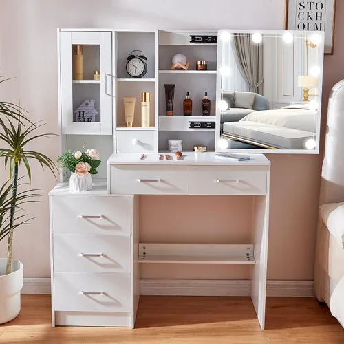 Miniatura 24 de Espejo de tocador con luces, escritorio y silla, 5 cajones y gabinete, mesa de maquillaje con espejo grande HD, 3 modos de iluminación, mesa