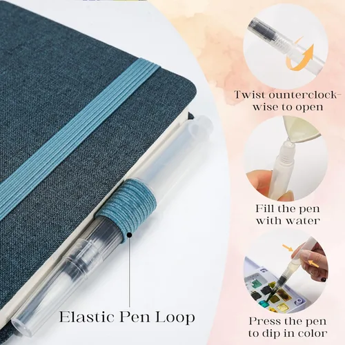 Miniatura 6 de Cuaderno de bocetos de acuarela, 5.5" x 5.5" Libros de bocetos para artistas, cuaderno de papel de acuarela de algodón, cubierta de lino con pluma
