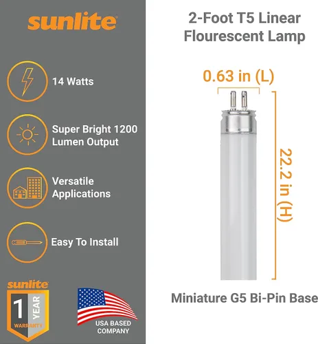 Miniatura 2 de Sunlite 30300 F14T5/830 Lámpara fluorescente lineal T5 de 2 pies, 14 vatios, 1200 lúmenes, 3000K blanco cálido, base bi-pin G5 en miniatura, cumple