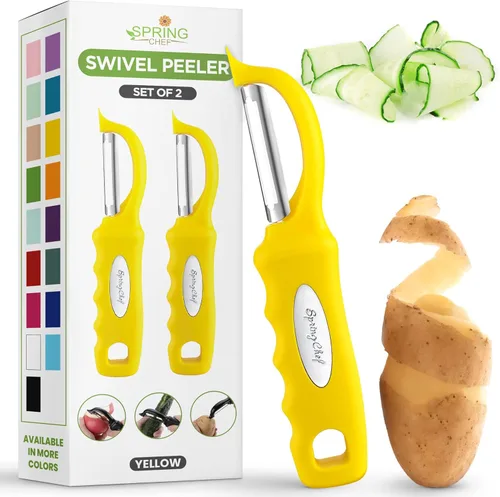 Miniatura 15 de Spring Chef Pelador de verduras giratorio profesional rojo para cocina, peladores de papas de acero inoxidable con mango de agarre suave, perfecto