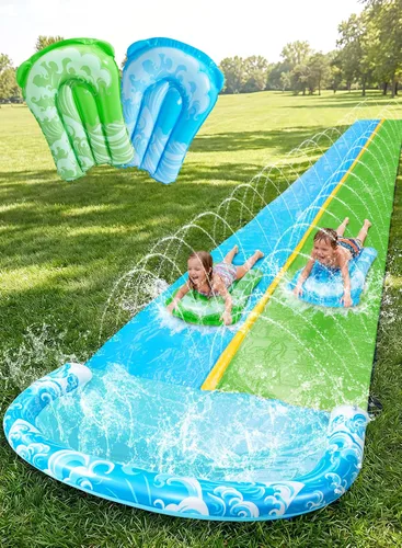 JOYIN Tobogán acuático de 22.5 pies y 2 tablas inflables, tobogán acuático doble extra largo y resistente con aspersor para niños y adultos, juguete