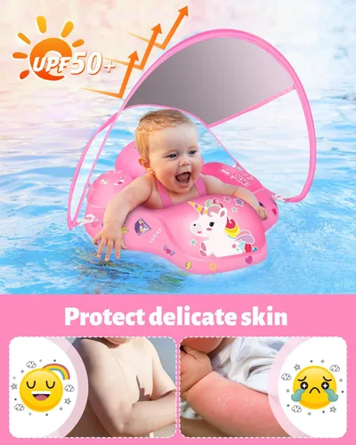 Miniatura 2 de LAYCOL - Flotador inflable de natación para bebé con anillo de flotación para piscina y toldo de protección solar, cola añadida, no se voltea