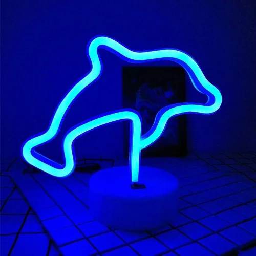 Miniatura 2 de Señales LED de neón con forma de delfines azules, luz de neón con base y USB, funciona con pilas, letreros de luz LED para fiesta de cumpleaños