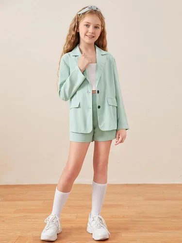 Miniatura 4 de WDIRARA Conjunto de 2 piezas para niña con chaqueta de manga larga con botones en la parte delantera y pantalones cortos