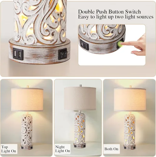 Miniatura 2 de Lámparas de mesa rústicas para sala de estar y dormitorio Lámpara de noche vintage con doble puerto USB, lámparas retro de resina blanca antigua