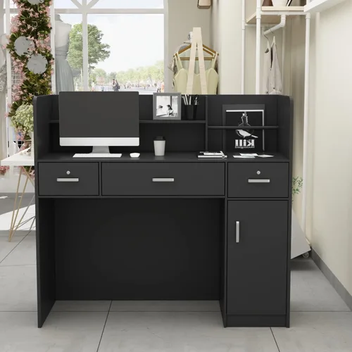 Miniatura 4 de Homsee Moderno escritorio de recepción con 3 cajones, armario de almacenamiento de 1 puerta y estante de gabinete, escritorio de madera