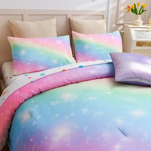 Miniatura 9 de A Nice Night Juego de ropa de cama de 6 piezas con purpurina degradada para niñas, juego de edredón colorido de galaxia arco iris, juegos de ropa