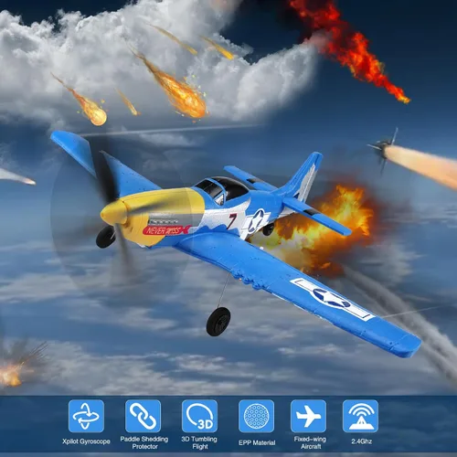 Miniatura 3 de jaming Avión RC P-51D Mustang Fighter de 4 canales para adultos y niños, avión de control remoto de 4 canales RTF con giroscopio de 6 ejes, Azul