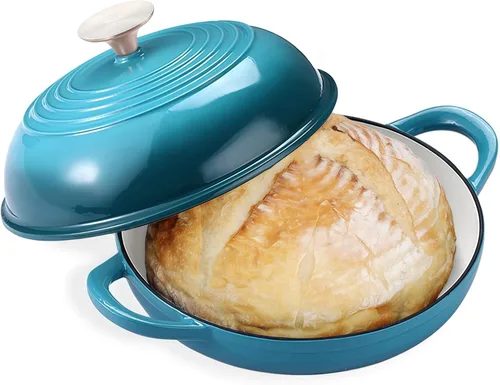 Horno de Pan Redondo de Hierro Fundido Esmaltado, Horno Holandés de Hierro Fundido de 6 Qt para Hornear Pan Casero de Masa Madre, Olla de Cúpula de
