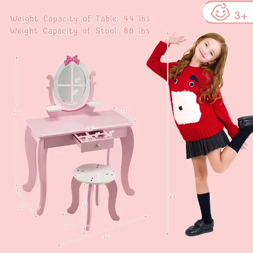 Miniatura 7 de HONEY JOY Juego de tocador para niños, Espejo ovalado de rotación 360 grados, juego de tocador de maquillaje de princesa para niñas pequeñas, juego