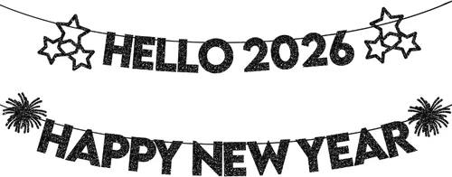 Miniatura 9 de KatchOn, Cartel de feliz año nuevo con purpurina negra – 10 pies, sin bricolaje Cartel negro de feliz año nuevo Suministros para fiesta de Año
