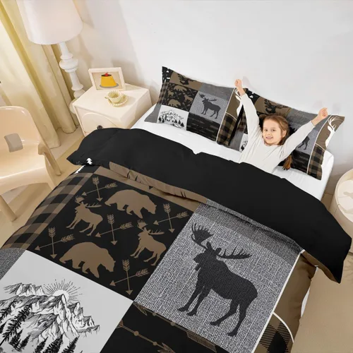 Miniatura 14 de Erosebridal Funda de edredón rústica de ciervo, tamaño individual, funda de edredón de retazos de oso para niños, adolescentes y adultos, juego