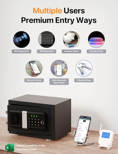 Miniatura 7 de FORFEND - Caja fuerte inteligente para el hogar, desbloqueo/alarma de la aplicación de caja fuerte WiFi, comando de voz, alarma de secuestro