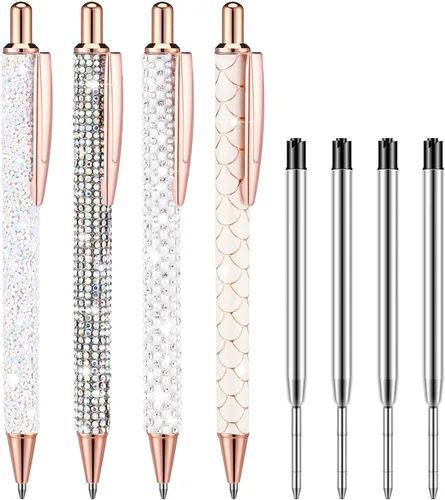 Miniatura 8 de Ireer 4 bolígrafos brillantes de diamantes de imitación para mujer, bolígrafo de tinta de metal con purpurina de cristal con 4 recambios de 0.039