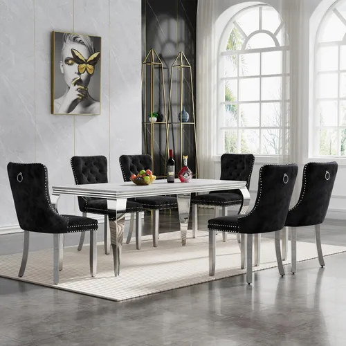 Miniatura 14 de HomVent Juego de mesa de comedor moderna de mármol sintético para 4 personas, mesa de cocina rectangular con 4 sillas beige (dorado)