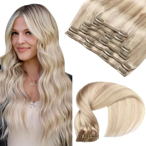 Miniatura 23 de VINBAO Extensiones de cabello humano con clip, balayage, color marrón ceniza a rubio caramelo, 14 pulgadas, 6 unidades, 3.53 onzas, 6