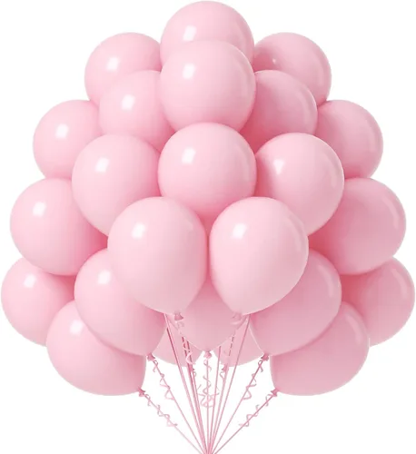 FOTIOMRG - Globos rosados de 12 pulgadas, paquete de 50 globos de látex rosa claro para fiestas con cinta rosa para cumpleaños, graduación, boda,