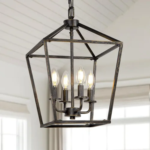 Miniatura 9 de Lámpara de araña de granja de 4 luces, lámpara de techo rústica tipo linterna con jaula de metal pintado de madera y cadena ajustable, luminaria