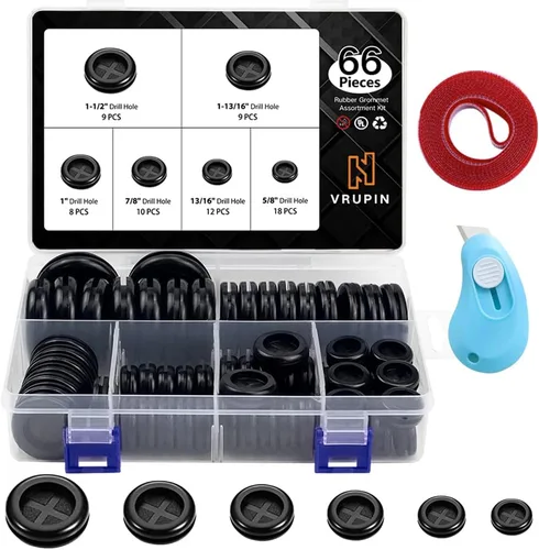 Vrupin Kit Surtido de 66 Ojales de Goma, Tapones para Orificios de Taladro Cortafuegos Protección de Cables, 6 Tamaños 1-13/16" 1-1/2" 1" 7/8" 5/8"