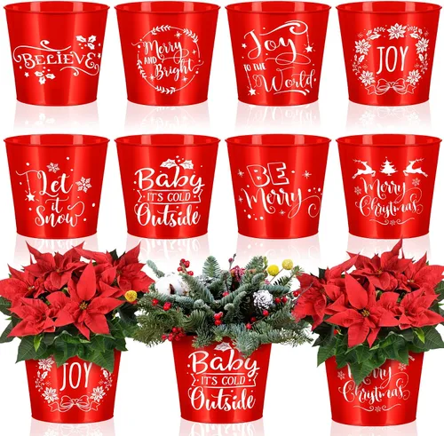 Hoolerry 16 macetas de Navidad para jardinería, accesorios galvanizados, cubo de metal rojo de 6 pulgadas, macetas de flores galvanizadas,