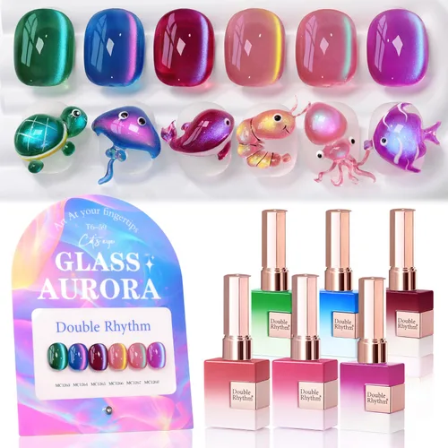 Miniatura 19 de Double Rhythm - Juego de esmalte de uñas de gel ojo de gato de 6 unidades, mismo color, misma botella, 14.8 ml, brillo con glitter, con imán