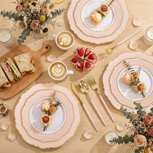 Miniatura 5 de WDF 30Guest - Platos de plástico rosa y cubiertos de plástico dorado con mango rosa, barroco rosa y dorado para bodas y fiestas de lujo, día