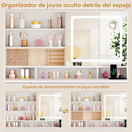 Miniatura 8 de ANWBROAD Escritorio de tocador con espejo deslizante y luces, juego de tocador grande de maquillaje con almacenamiento de joyas, 11 cajones, 6