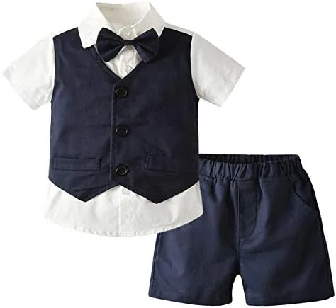 Conjunto de caballero para niño pequeño, chaleco falso de dos piezas, chaqueta de manga corta, pantalones cortos de color sólido, traje de pequeño