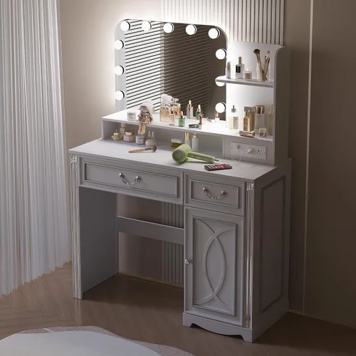 Escritorio de maquillaje con espejo HD y luces, tocador pequeño de 39 pulgadas iluminado con 3 modos de color, tocador moderno con 2 cajones y 1