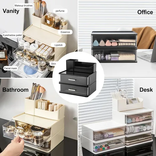 Miniatura 4 de DASITON Organizador de maquillaje para tocador con 2 cajones, organizador de cosméticos apilable con soporte para brochas de maquillaje, organizador
