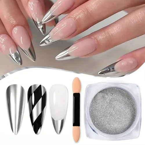 Miniatura 7 de Polvos holográficos de espejo para uñas, efecto cromado plateado, lentejuelas metálicas puras, pigmento cromado para uñas de gel UV, para decoración