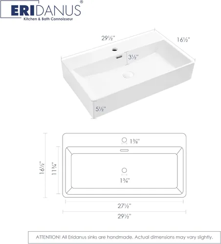 Miniatura 2 de Eridanus Lavabo de Baño 30" x 16" Lavabo Rectangular de Sobreponer, Montaje en Pared Sobre Mostrador Lavabo de Tocador, Lavabo de Cerámica Blanca